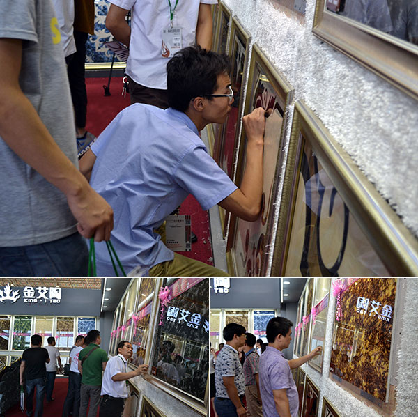 现场客商仔细观摩J9集团直营2.0路厚系列爆晶微晶石