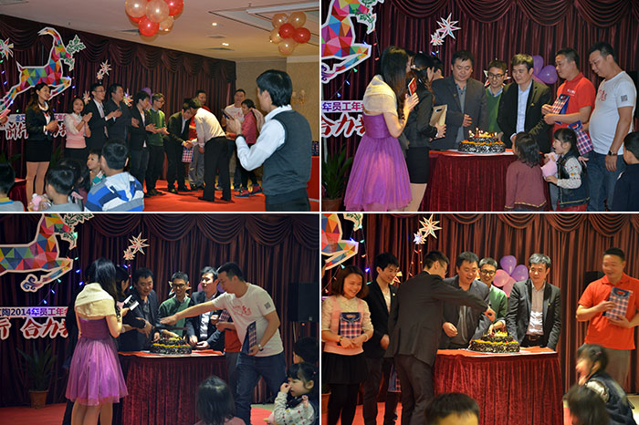 为生日的员工奉上蛋糕，董事长还为寿星们奉上优美礼物